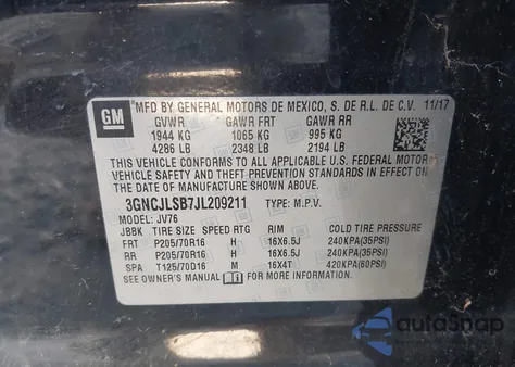 2018 Chevrolet Trax Lt z USA, uszkodzony, nr VIN 3GNCJLSB7JL209211